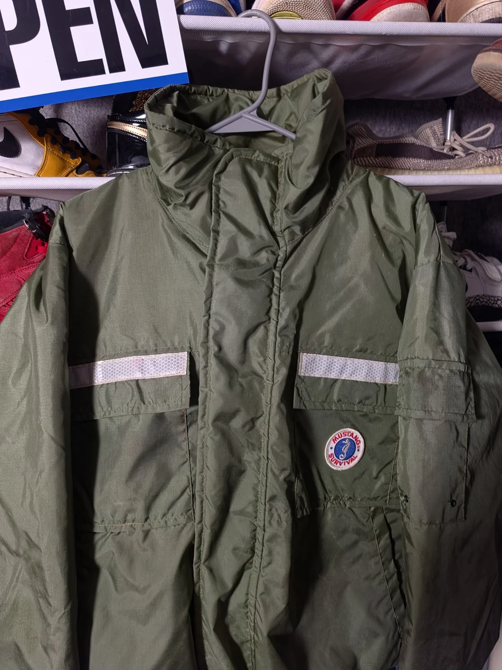 🔥 Men's XL Flotation Olive Green Military Field Jacket Reflective Trim Mustang